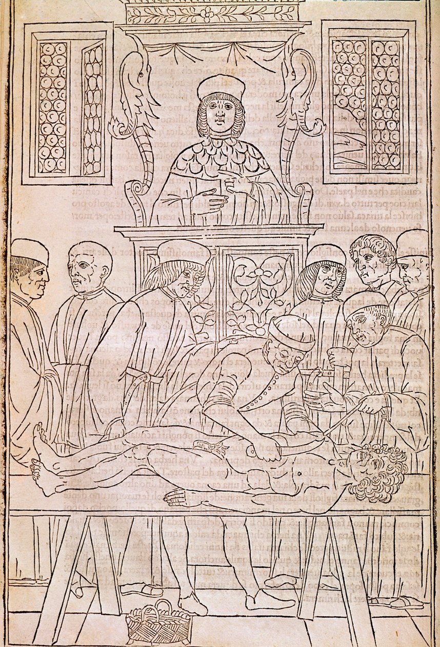 Autopsia. El cuerpo de un hombre muerto disecado por médicos para un estudio de anatomía. "Fascicula Medicinae". Códice de un fascículo médico de Johannes Kethan de Unknown artist