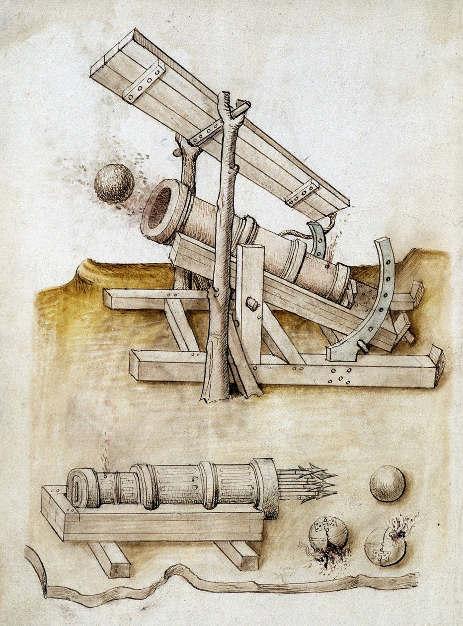 Cañón de bolas y cañón de flechas - Manuscrito: hoja de pergamino de un manual de ingeniero para la construcción de edificios civiles, religiosos y militares, anónimo, finales del siglo XV (figura en tinta china) de Unknown artist
