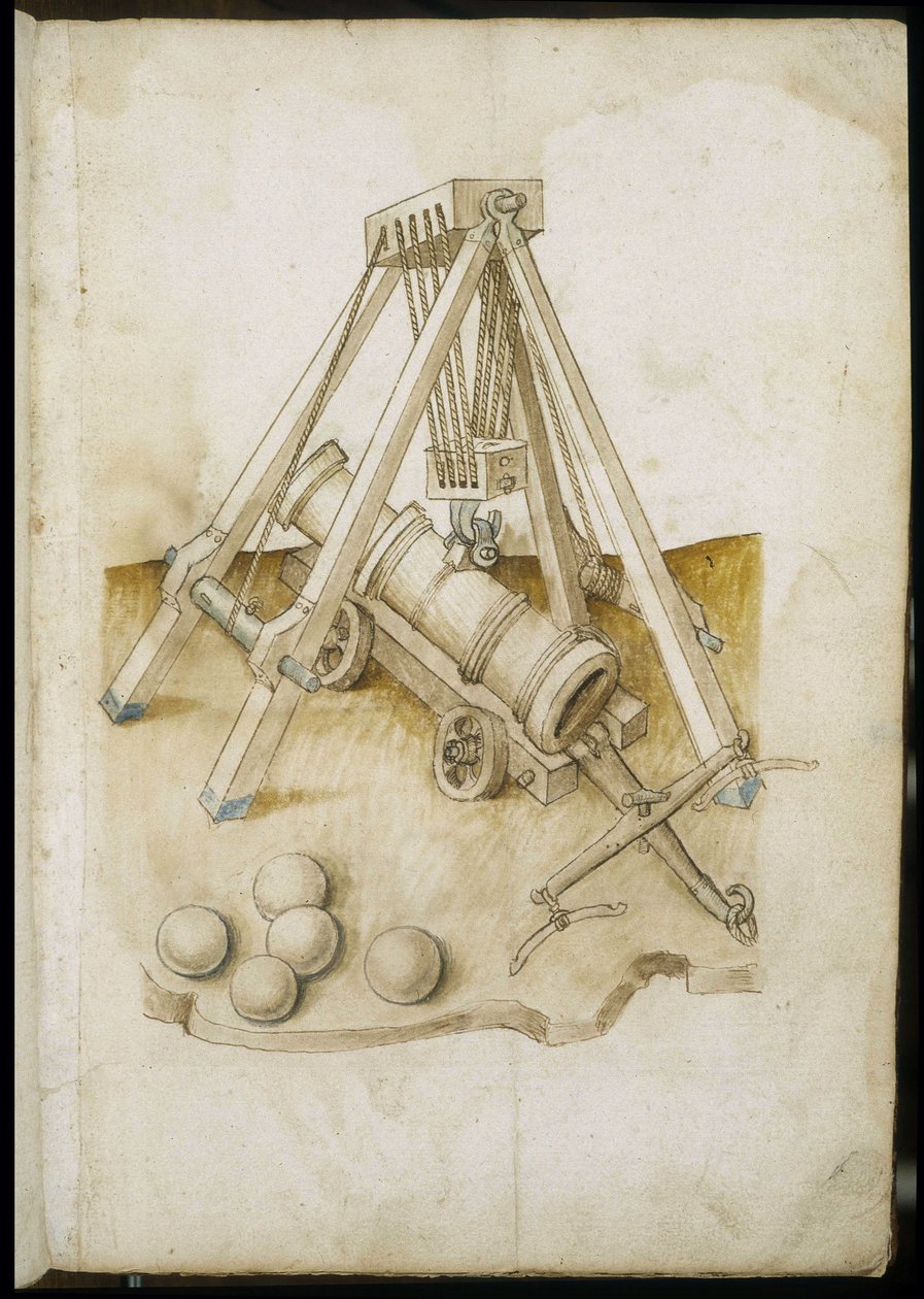 Cañón de bolas y elevador - Manuscrito: hoja de pergamino de un manual de ingeniero para la construcción de edificios civiles, religiosos y militares, anónimo, finales del siglo XV (figura en tinta china) de Unknown artist