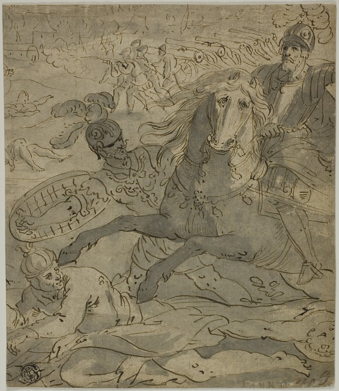 Escena de batalla con general cargando a caballo en primer plano, artillería y cañones en el fondo de Unknown artist