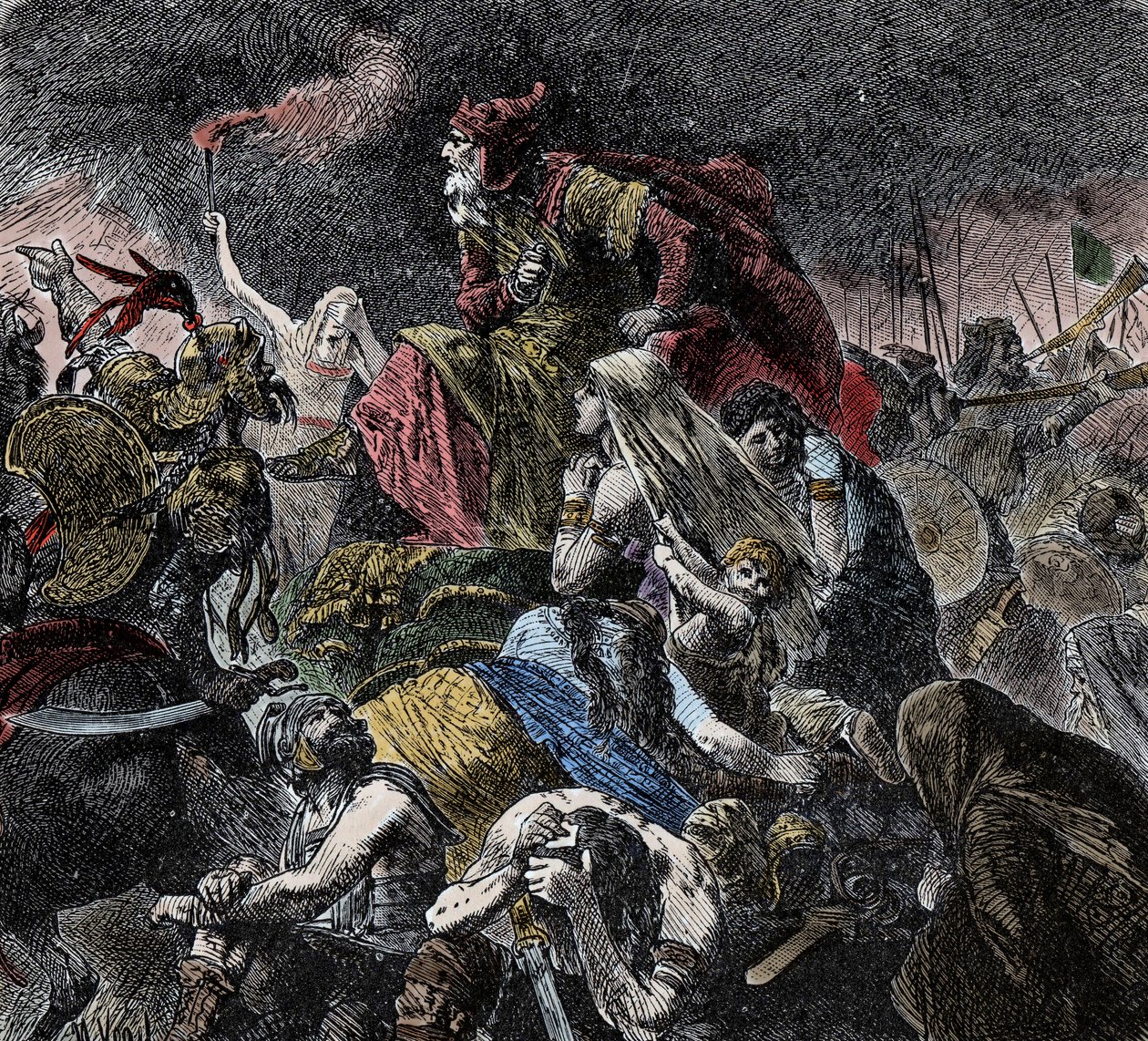 Batalla de los Campos Catalaúnicos, donde los romanos, los francos y los visigodos reunidos enfrentaron a los hunos de Atila y los ostrogodos cerca de Troyes, Aube - Invasiones bárbaras - (Batalla de los Campos Catalaúnicos o batalla de Chalon o batalla de de Unknown artist