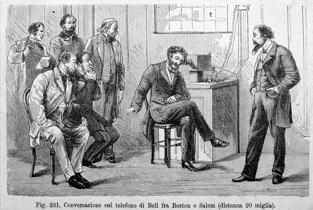 Conversación telefónica de Bell entre Boston y Salem (20 millas de distancia). Grabado del siglo XIX de Unknown artist