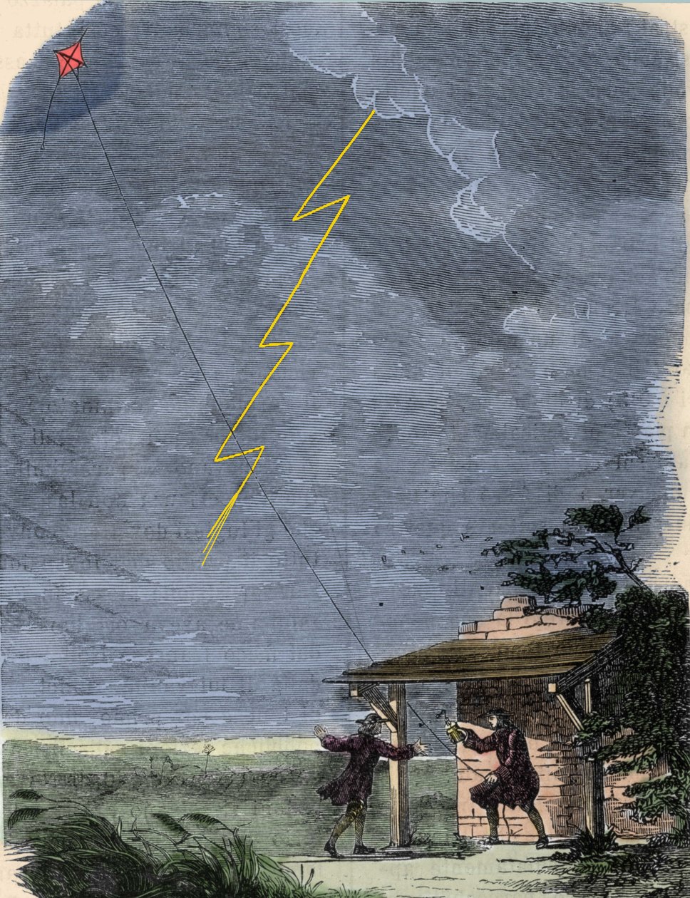 Benjamin Franklin, filósofo, físico y embajador estadounidense, experimentando con su pararrayos montado en una cometa. Septiembre de 1752 de Unknown artist