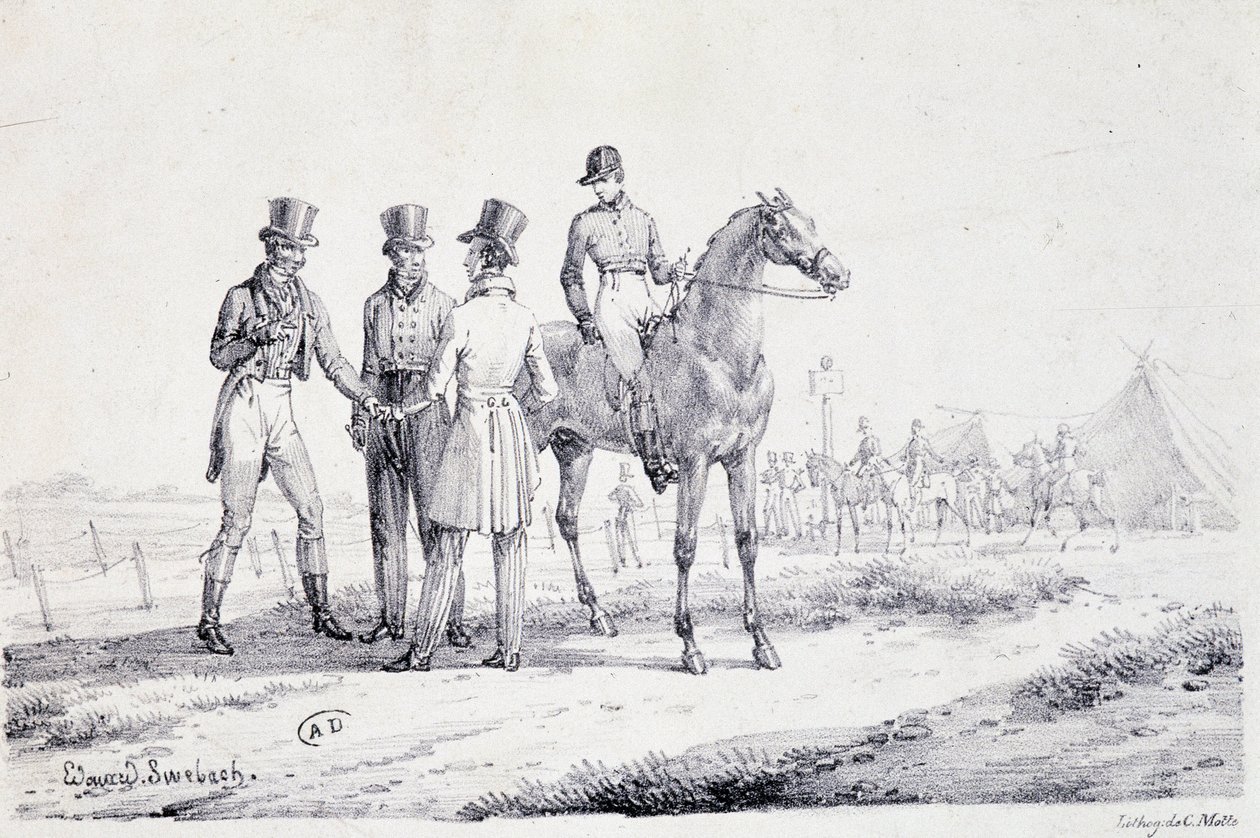 Apuesta al borde del campo de carreras con un jinete a caballo - litografía, principios del siglo XIX de Unknown artist