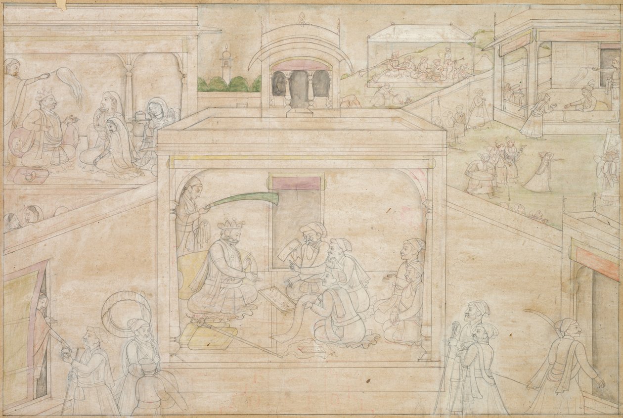 Consulta de Bhima con el astrólogo: Escena de los dibujos de Nala-Damayanti de Unknown artist