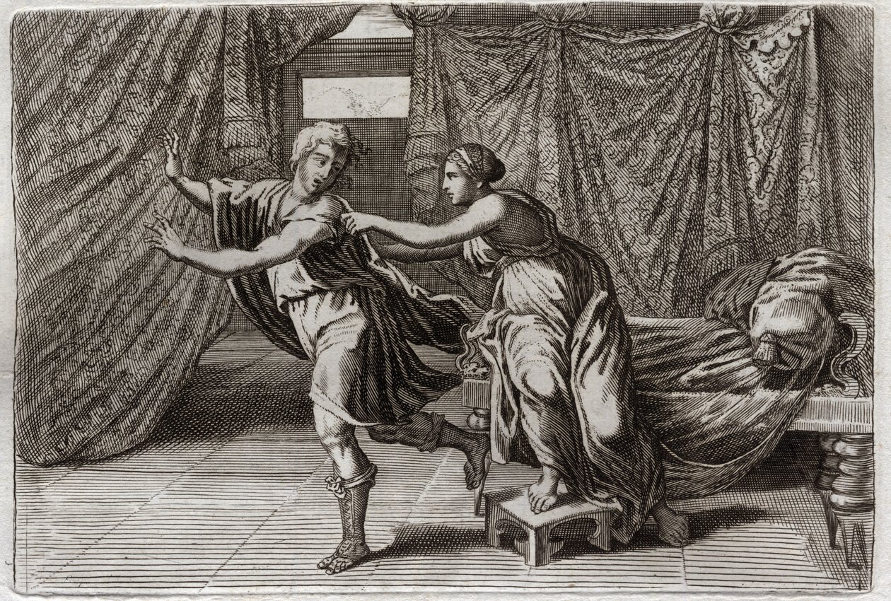 Biblia de Royaumont, Antiguo Testamento: Castidad de José. José es solicitado por la esposa de Putifar y es encarcelado. Ilustración de 1811. de Unknown artist