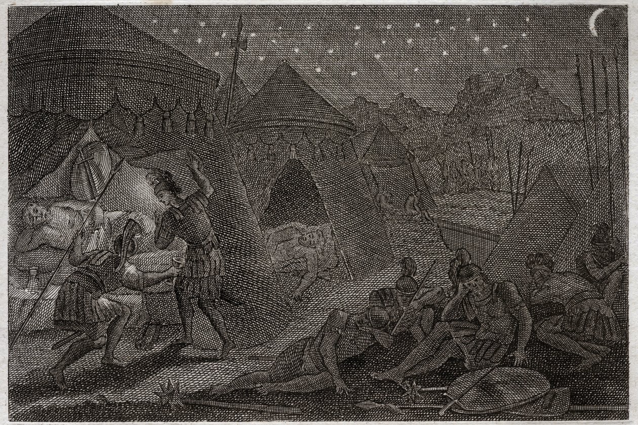 Biblia de Royaumont, Antiguo Testamento: David salva a Saúl. David tiene a Saúl en sus manos, pero no lo hiere. Solo toma la lanza y su copa. Ilustración de 1811. de Unknown artist