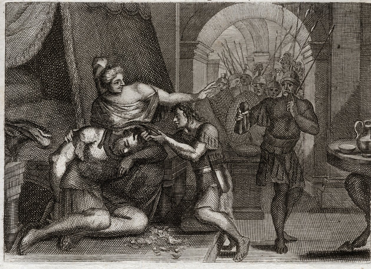 Biblia de Royaumont, Antiguo Testamento: Muerte de Sansón. Sansón revela a Dalila que su fuerza estaba en su cabello. Ella le corta el cabello y trae a los soldados filisteos a la habitación. Ilustración de 1811. de Unknown artist