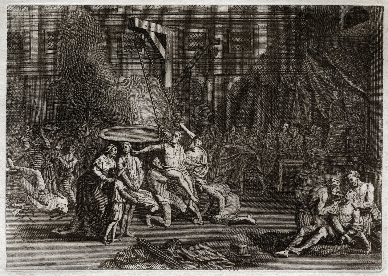 Biblia de Royaumont, Antiguo Testamento: Martirio de los Macabeos. Los siete hermanos Macabeos son martirizados en lugar de traicionar su propia fe. Ilustración de 1811. de Unknown artist