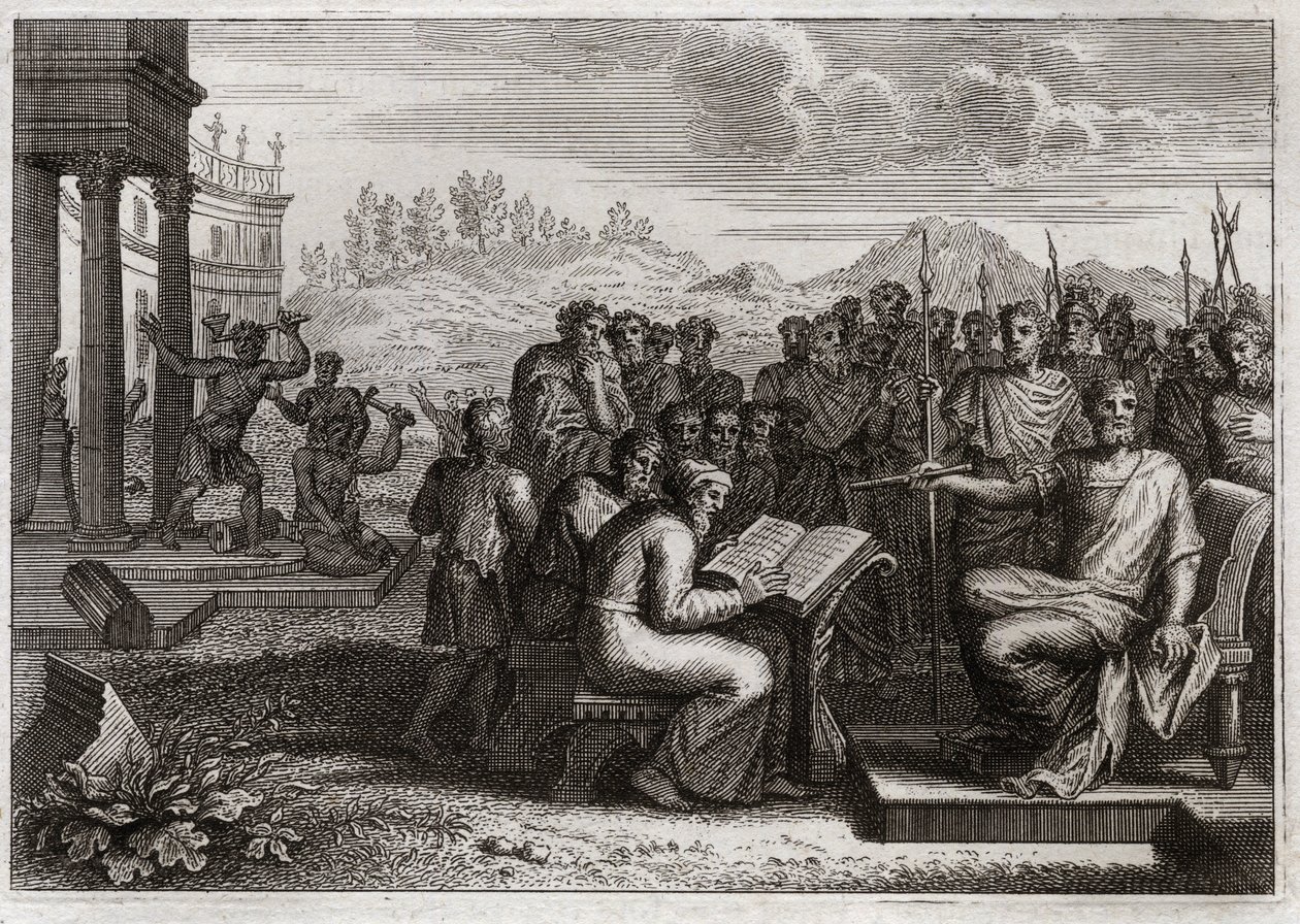 Biblia de Royaumont, Antiguo Testamento: Piedad de Josías. Josías, rey de Judá, restaura el culto a Dios en su reino y supera en virtud a todos los reyes sus predecesores. Ilustración de 1811 de Unknown artist