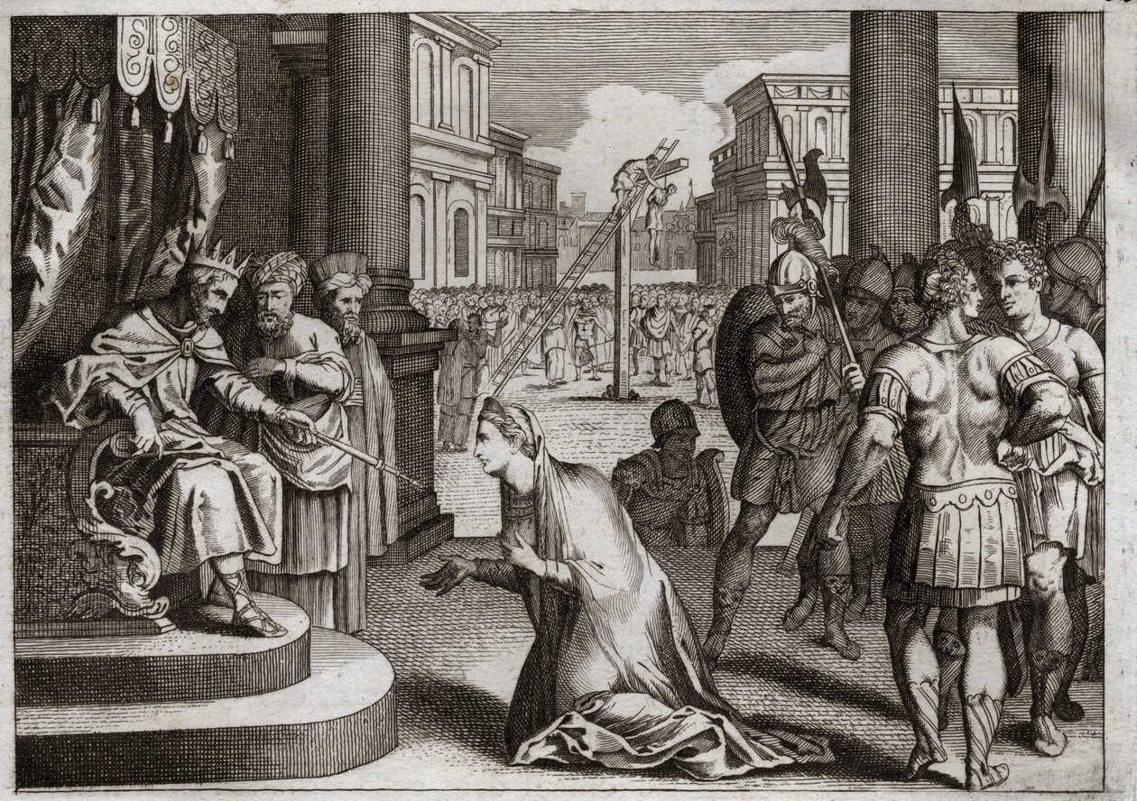 Biblia de Royaumont, Antiguo Testamento: Castigo de Amán. Asuero I (Jerjes I) cuelga a Amán (Hamán) de la horca que había preparado para Mardoqueo (o Mordejai o Mardoqueo) y retracta el Edicto de Muerte que había publicado en todo su reino contra los judío de Unknown artist