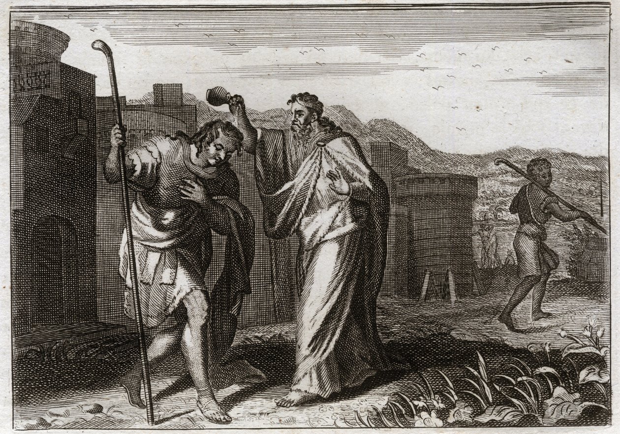 Biblia de Royaumont, Antiguo Testamento: Rito de Saúl. Samuel, por orden de Dios, ungió a Saúl como rey de los judíos. Ilustración de 1811. de Unknown artist