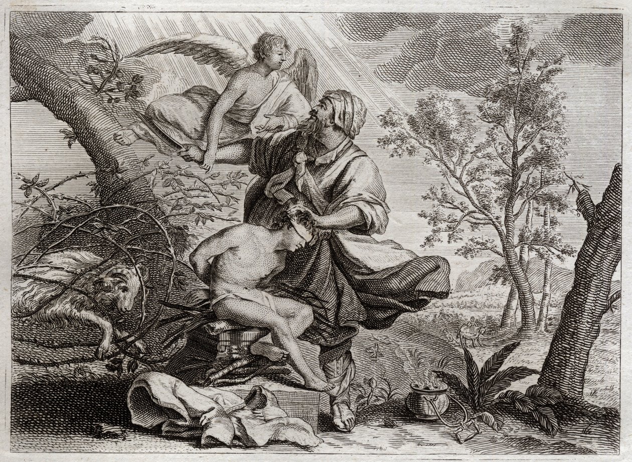 Biblia de Royaumont, Antiguo Testamento: Sacrificio de Abraham. Un ángel sostiene la mano de Abraham antes del sacrificio de su hijo Isaac. A la izquierda, el carnero que Abraham matará en su lugar. Ilustración de 1811. de Unknown artist