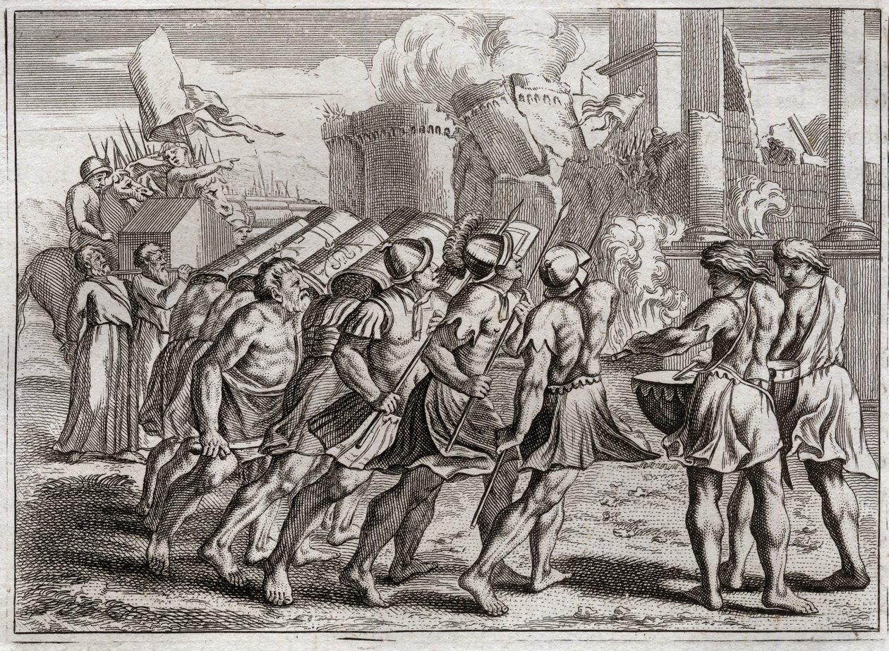 Biblia de Royaumont, Antiguo Testamento: Toma de Jericó. Las murallas de Jericó caen al suelo al sonido de las trompetas de los sacerdotes que precedían el Arca de la Alianza del Señor. Ilustración de 1811. de Unknown artist