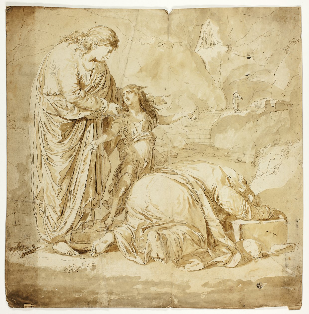 Escena bíblica con dos mujeres y un niño en primer plano de Unknown artist