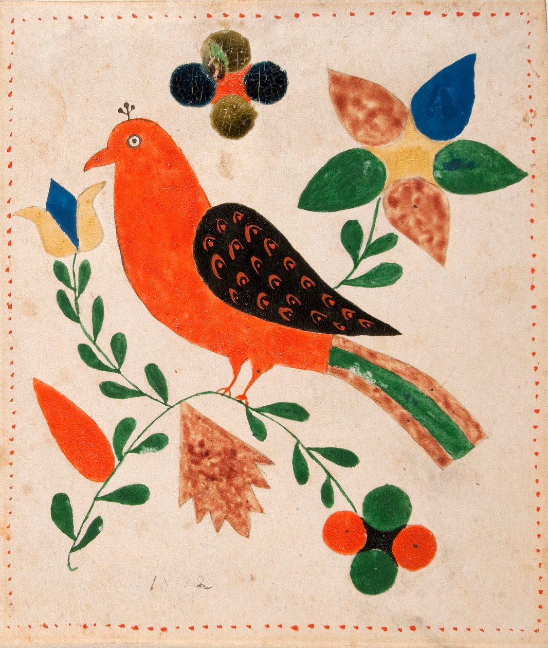 Pájaro mirando hacia la izquierda en ramita floreciente de Unknown artist