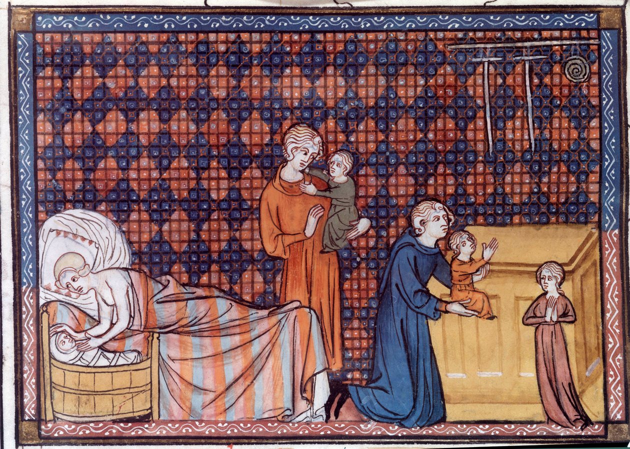 Nacimiento y educación del rey de Francia Luis IX o San Luis (1214-1270). Miniatura del manuscrito "Vida y Milagros de San Luis" de Guillermo de Saint Pathus de Unknown artist