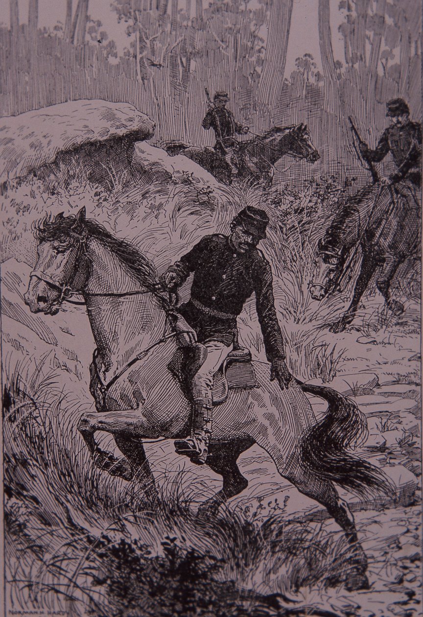 Rastreadores negros persiguiendo a bushrangers en Australia (grabado) de Unknown artist