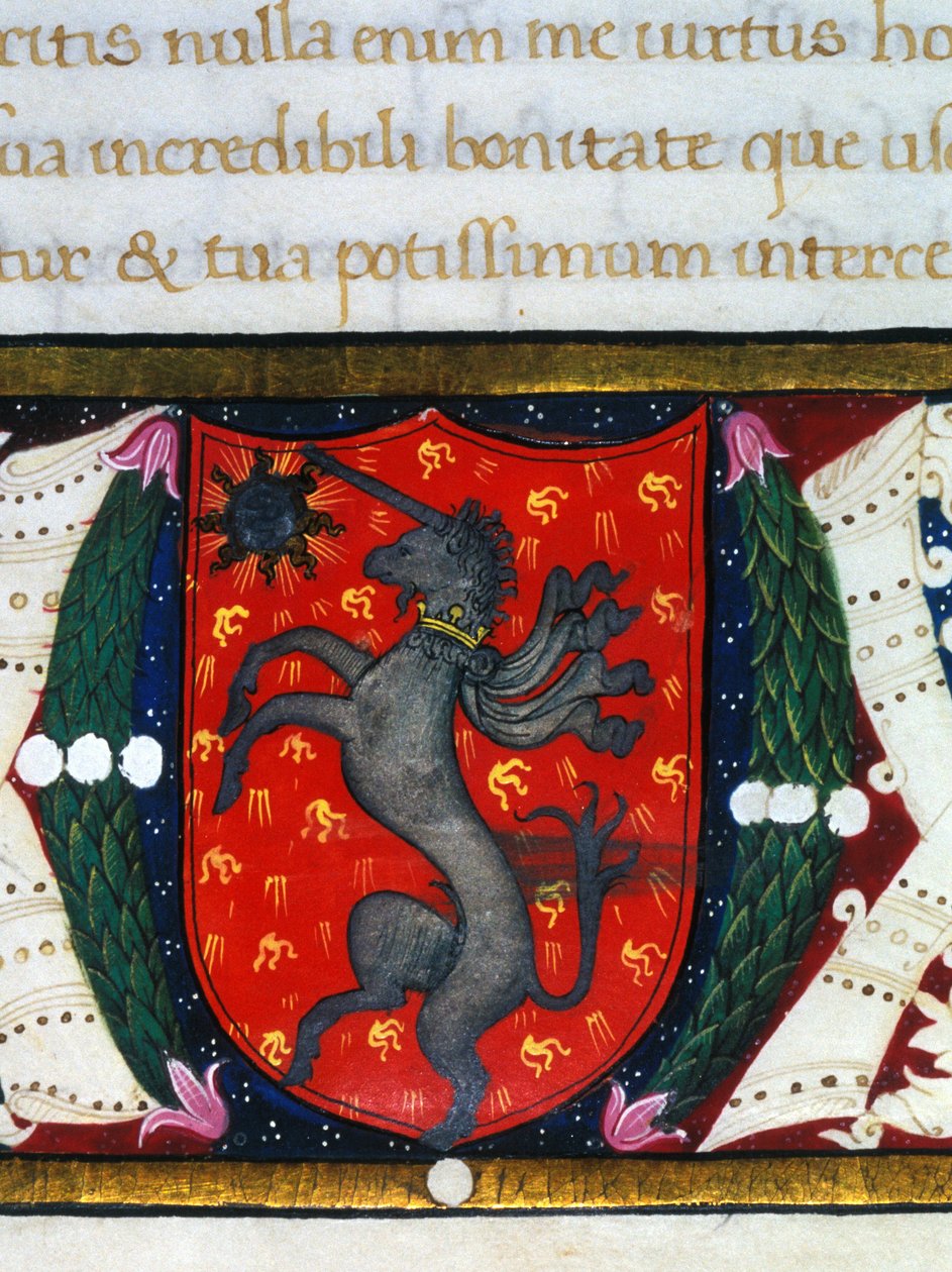 Blasón decora un unicornio, una estrella sobre un fondo rojo. (detalle) de una miniatura. Siglo XIV de Unknown artist