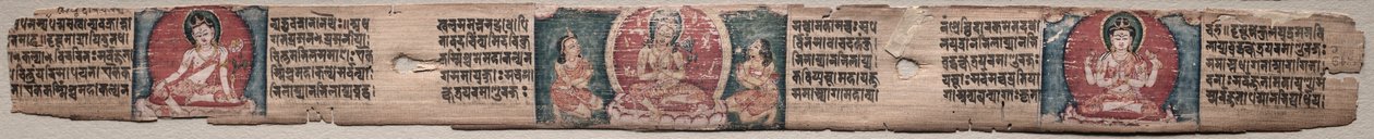 Bodhisattva Manjushri con Dos Formas de Avalokiteshvara: Folio 348 (recto), del Gandavyuha-sutra (Escritura de la Suprema Arreglo) de Unknown artist