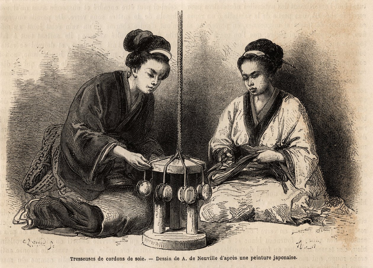 Trenzadores de cordones de seda, en su taller en Yedo (o Edo, actual Tokio); estas trenzas son muy extendidas ya que se utilizan para arreglar y mantener trajes militares y civiles (los japoneses desconocen el botón y el clip para atar la ropa). Grabado de Unknown artist