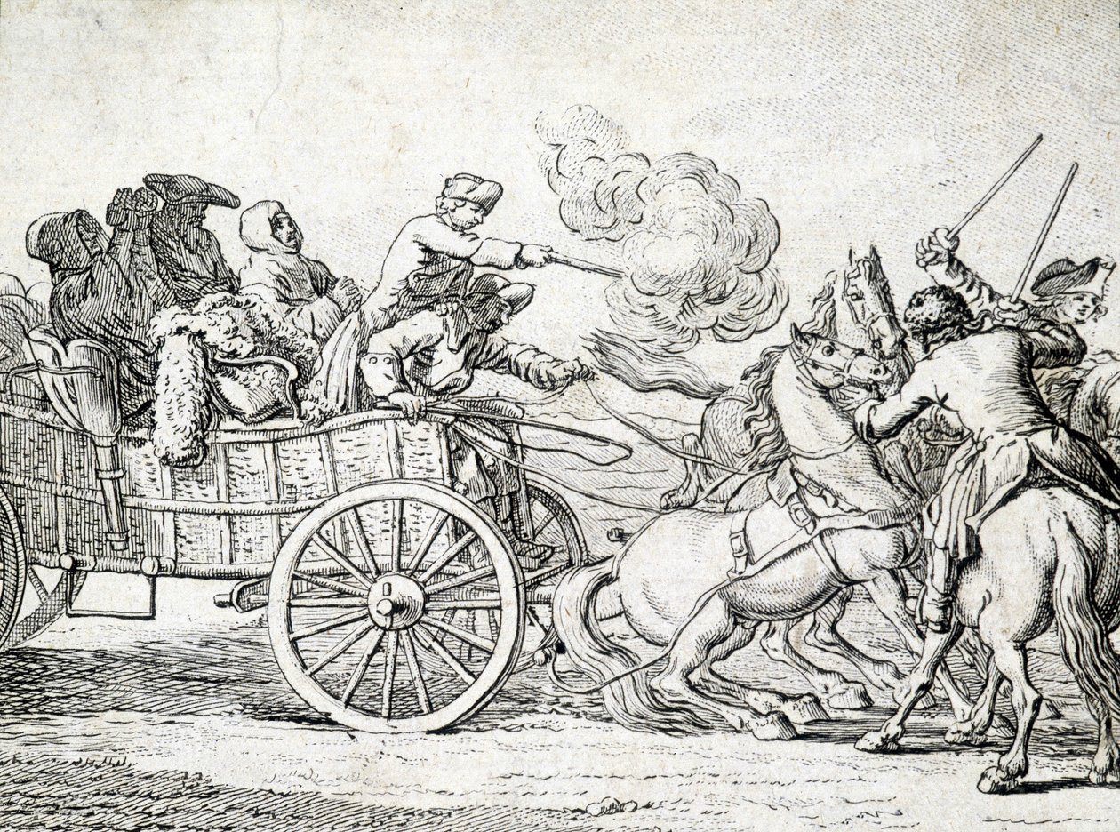 Bandidos atacando a pasajeros en un carro. Grabado anónimo del siglo XVIII. de Unknown artist