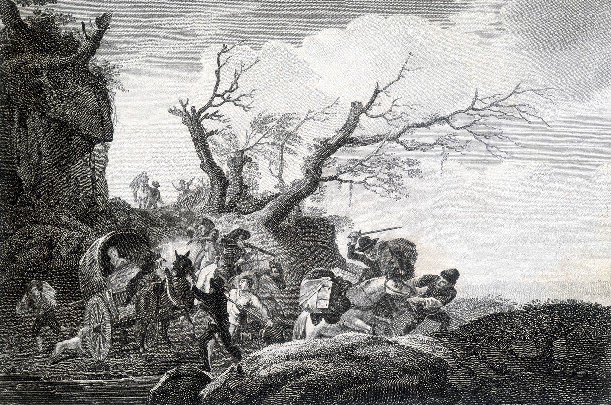Bandidos atacando viajeros en un camino rural. Grabado anónimo del siglo XVIII de Unknown artist