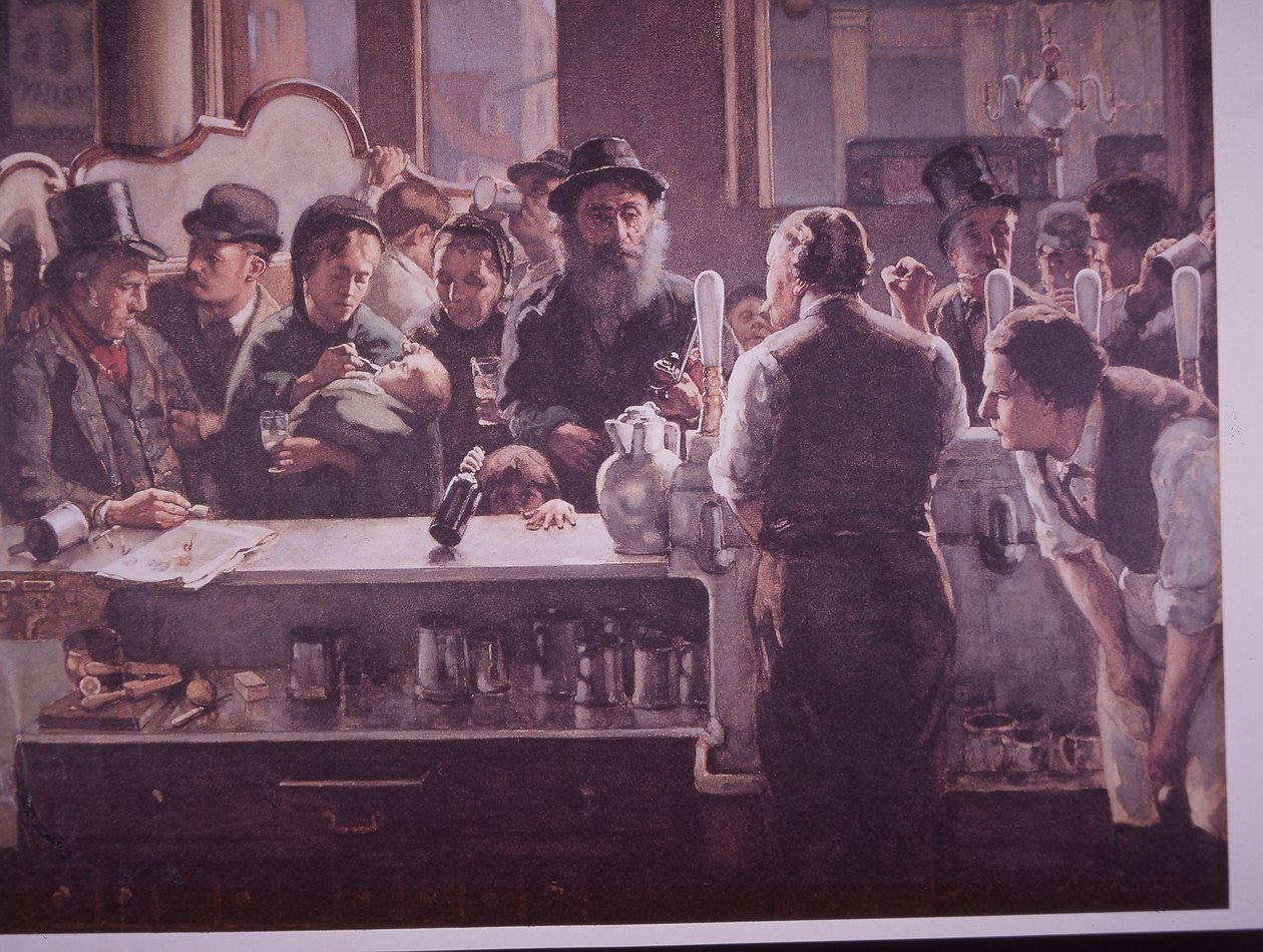 Pub británico sirviendo bebidas (litografía en color) de Unknown artist