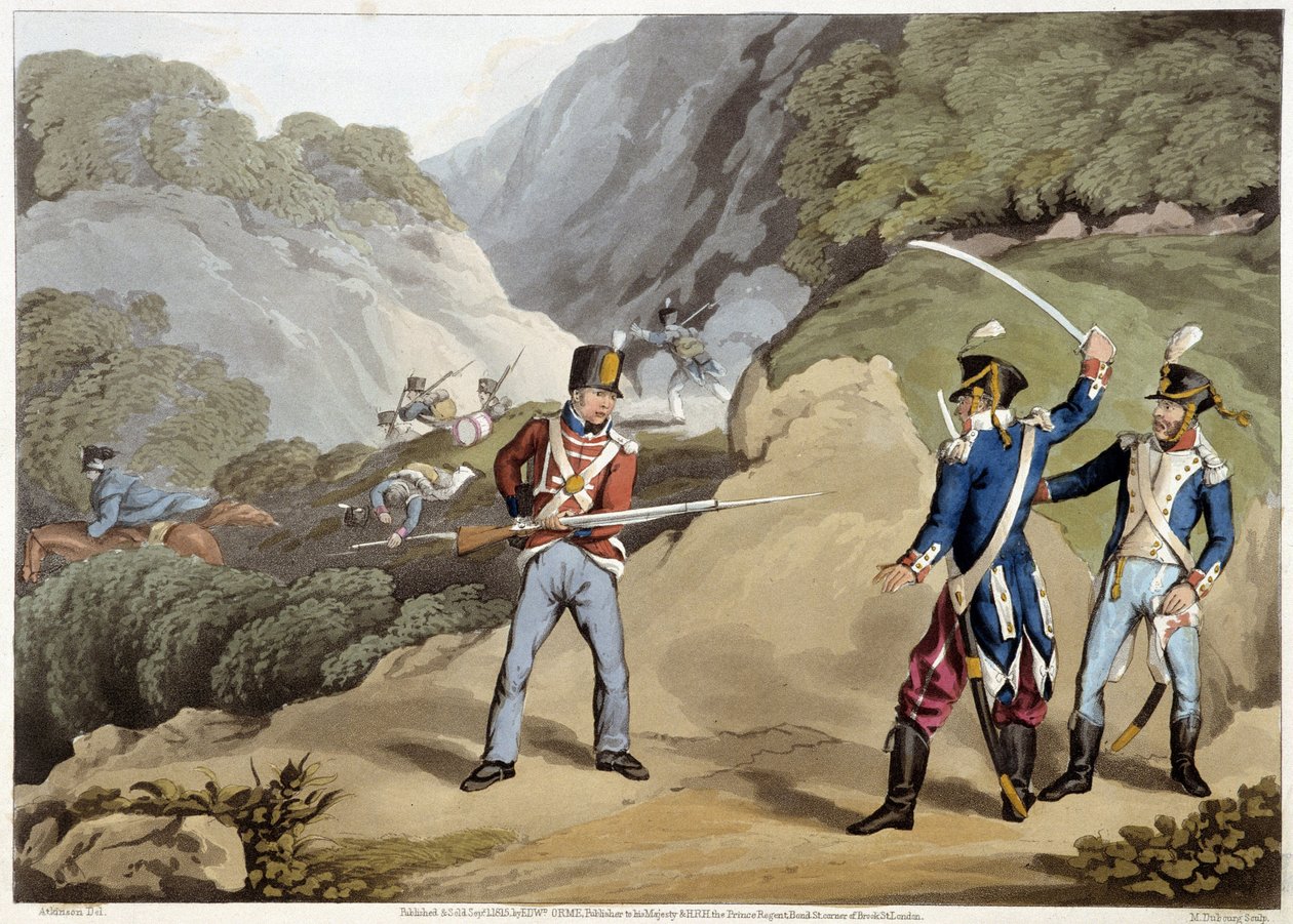 Soldado británico capturó a dos oficiales franceses en la Batalla de los Pirineos - en “Anecdotas Históricas, Militares y Navales...” de Edward Orne de Unknown artist