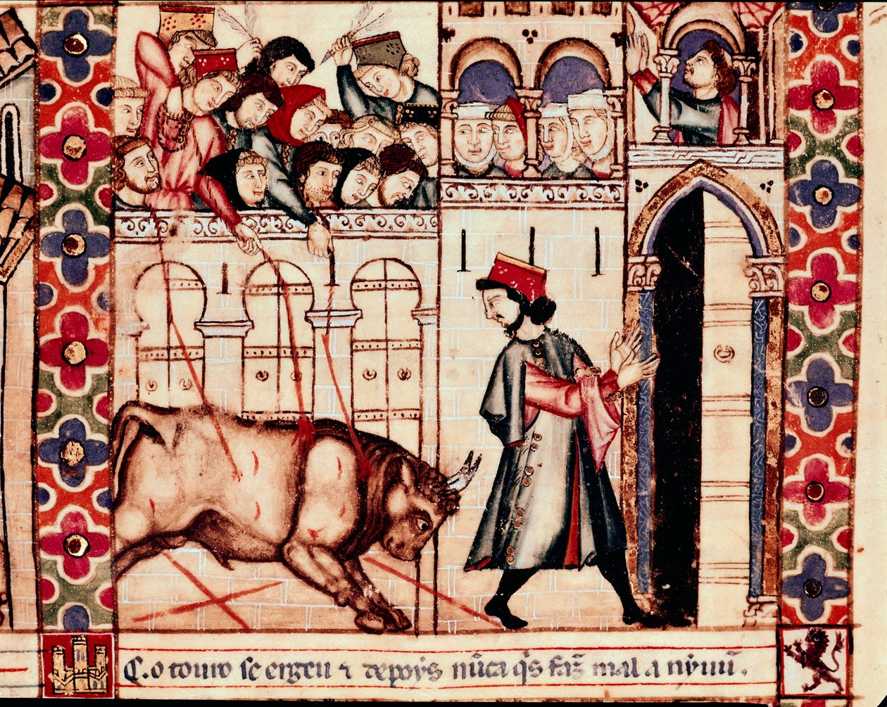 Tauromaquia: el toro mata en la arena durante las fiestas tradicionales de Plasencia en España, Canto 144. Miniatura del himno de Santa María de Unknown artist