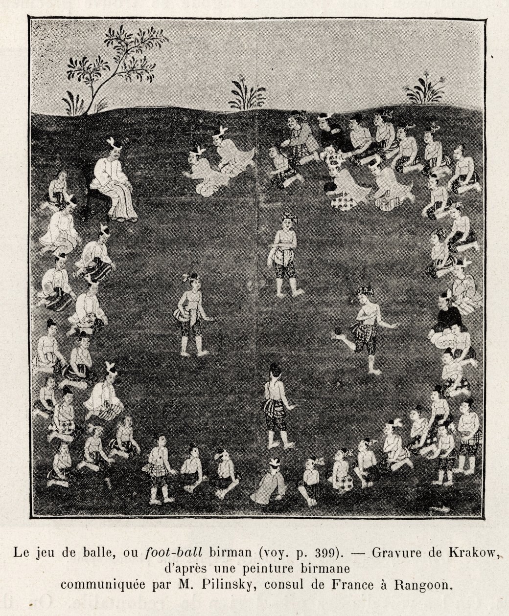 Fútbol birmano o juego de pelota. Grabado de Krakow para ilustrar la historia 