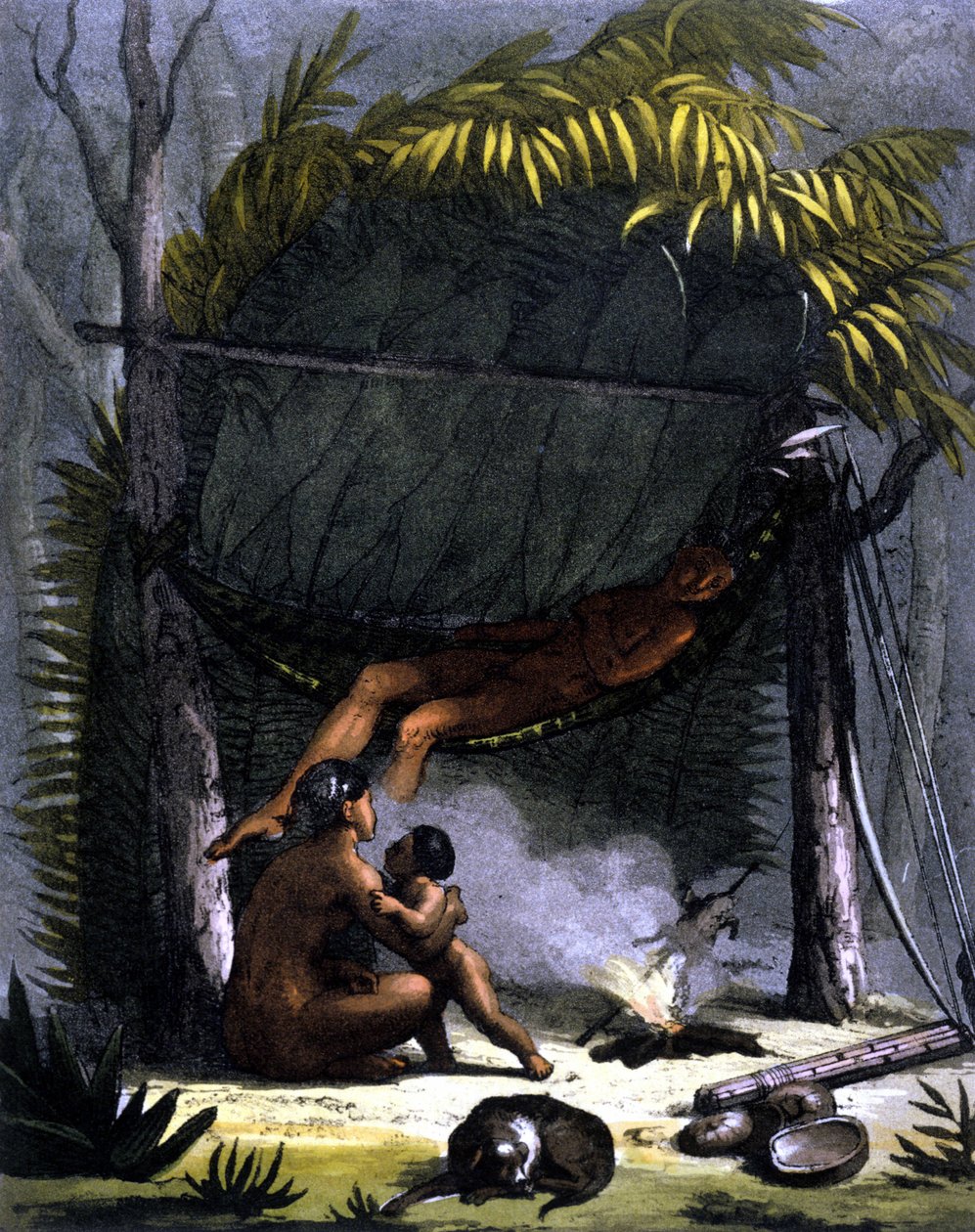 Cabane des Puris en Brasil - en “Le costume ancien et moderne” de Ferrario, ed. Milán de Unknown artist