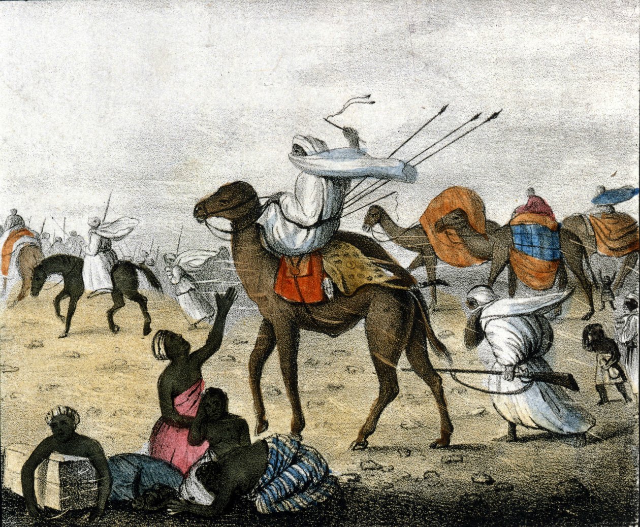 Caravana en el desierto en Marruecos durante una tormenta de viento. de Unknown artist