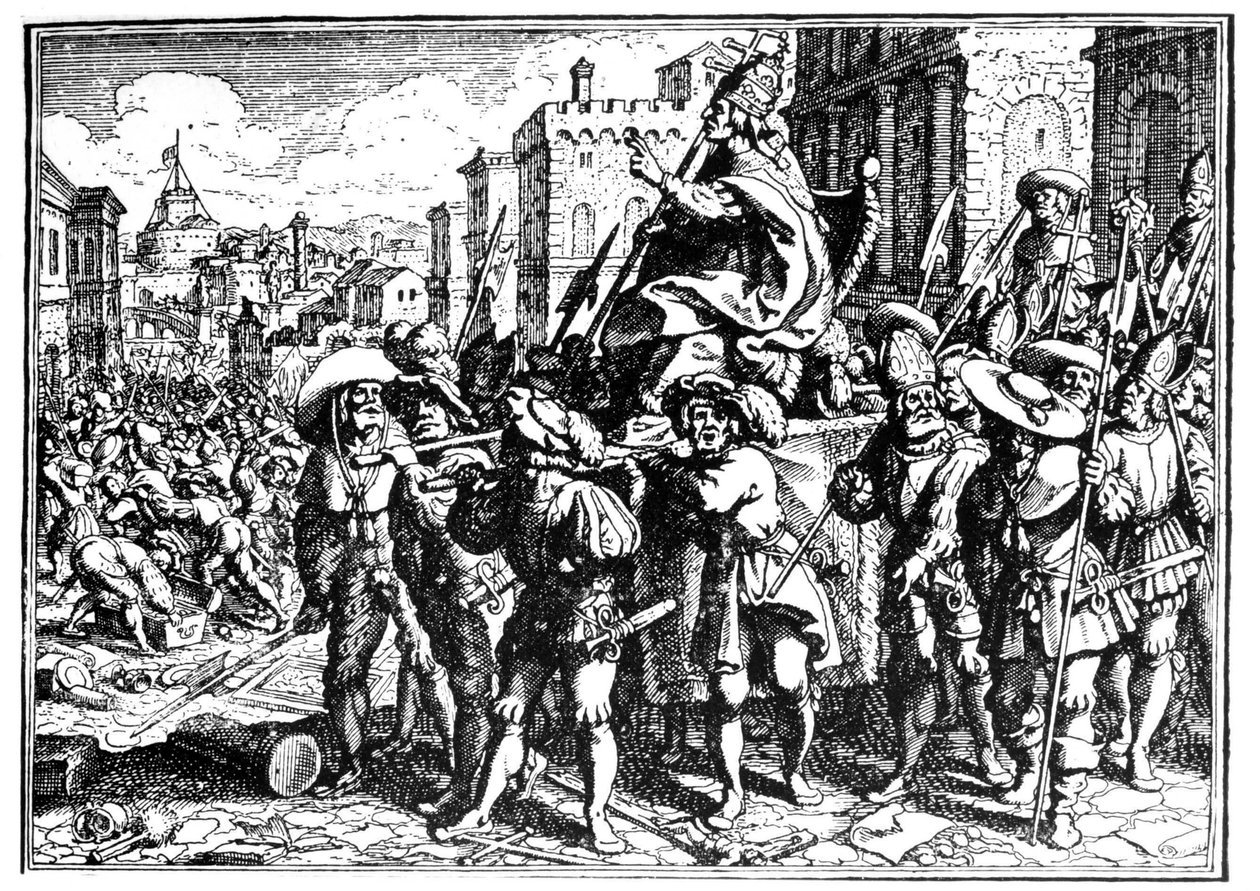 Caricatura sobre el Papa Inocencio I durante la invasión y saqueo de Roma por Alarico I, Rey de los Visigodos, en 410 (Saqueo de Roma). Grabado - en 