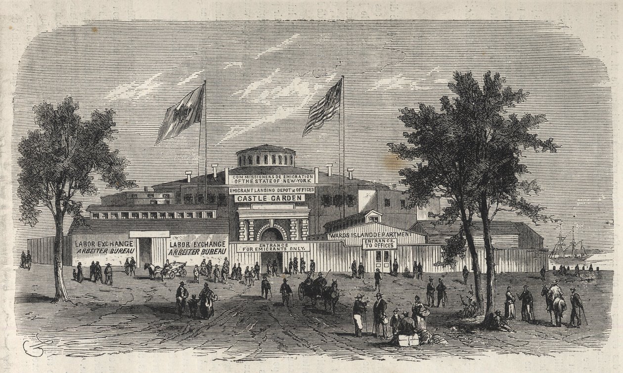 Depósito del Centro de Inmigración de Castle Garden - Depósito de emigrantes de Castle Garden - Estado de Nueva York - Establecimiento de la Comisión de Emigración - Grabado en “El Universo Ilustrado” de 1869 de Unknown artist