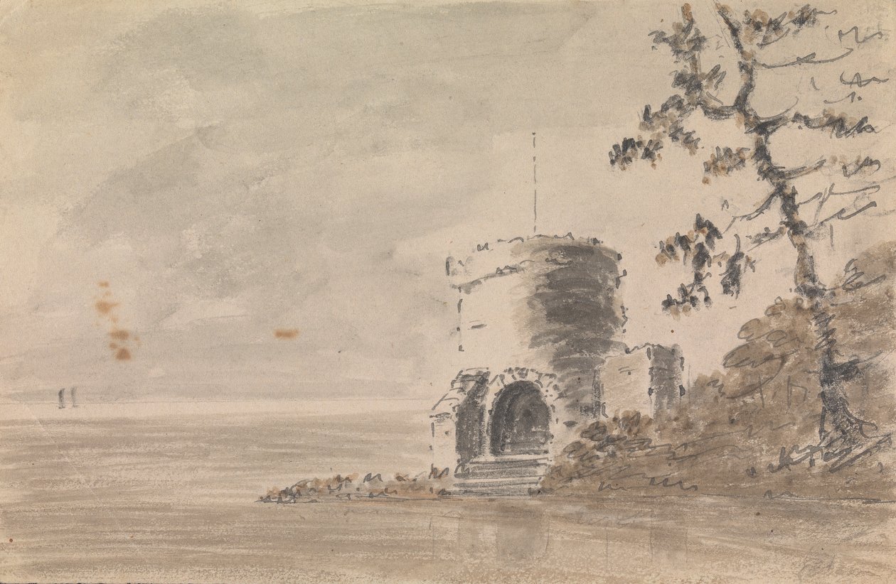 Ruina de castillo en paisaje con lago de Unknown artist