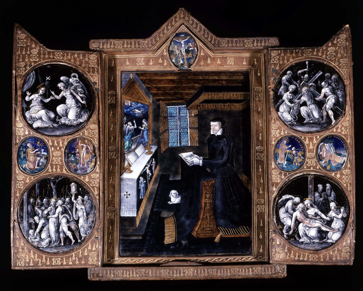 Catherine de Medicis (Caterina de Medici) (1519-1589) en oración - tríptico de esmalte y cuero de Unknown artist