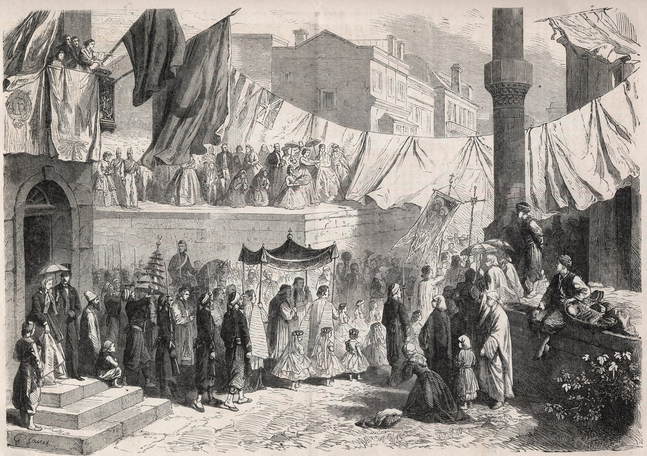 Procesión católica en las calles de Constantinopla con motivo de la Fiesta de Dios - Grabado en “El Mundo Ilustre” de Unknown artist