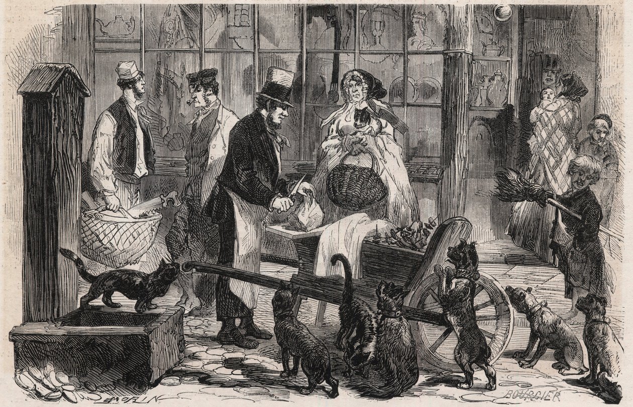 El vendedor de carne de gato en una calle del distrito de Westminster en Londres, un comerciante ambulante de carne de caballo para perros y gatos - Grabado en "Le Monde Illustré" de Unknown artist