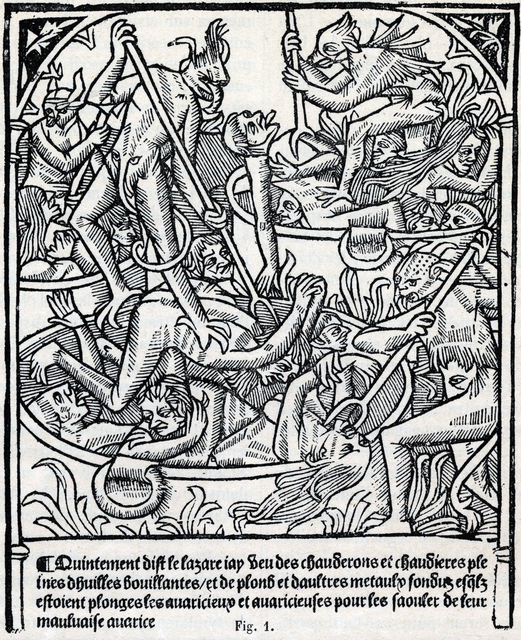 Calderos llenos de aceite y plomo hirviendo en los que los demonios sumergen a los codiciosos para emborracharlos con su mala avaricia. de Unknown artist