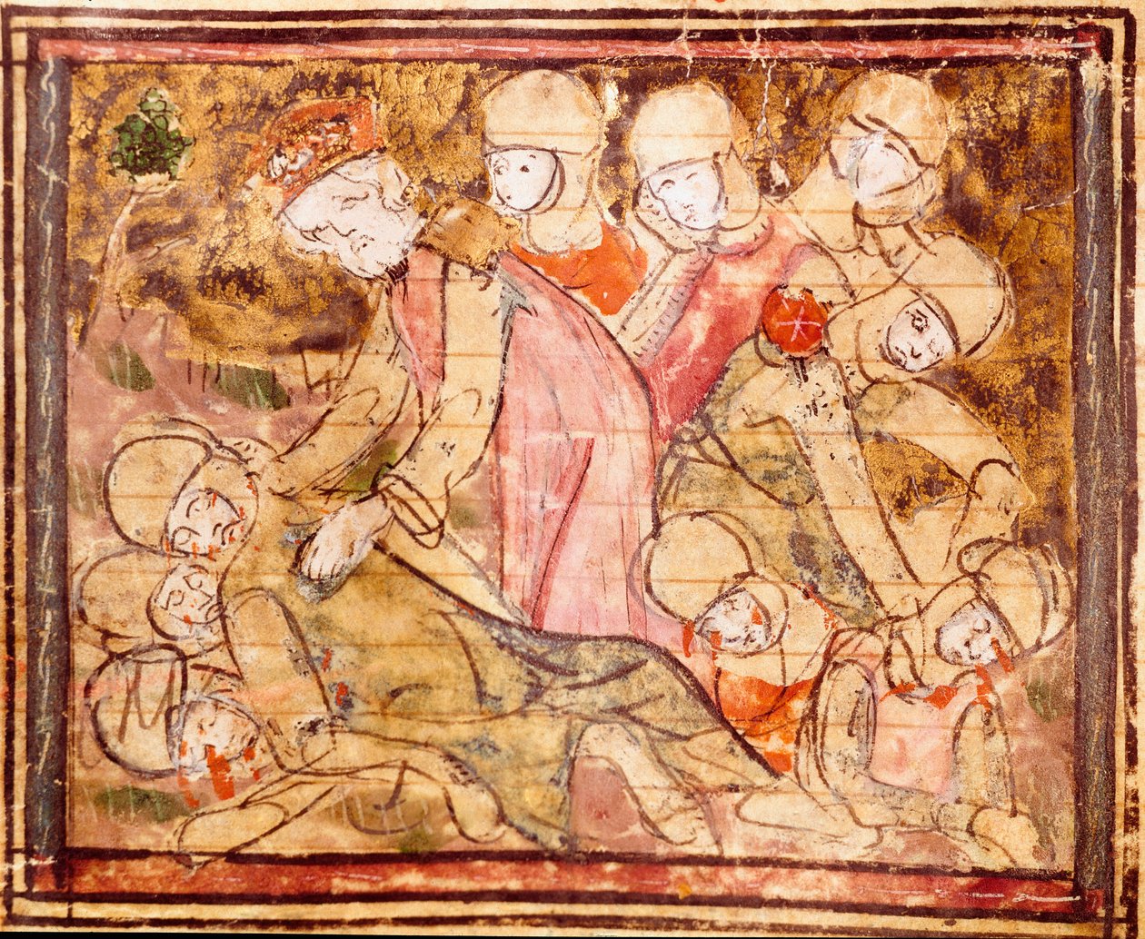 Carlomagno (742-814) encuentra el cuerpo de su sobrino Roldán que murió en la Batalla de Roncesvalles. Miniatura de 