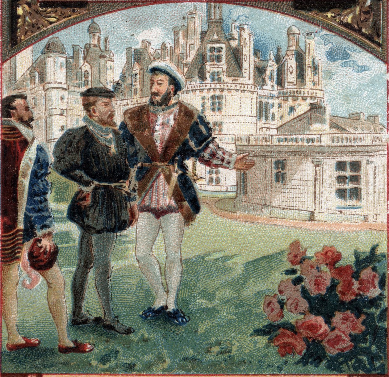 Carlos V recibido por Francisco I en el Castillo de Chambord. Cromolitografía de finales del siglo XIX de Unknown artist