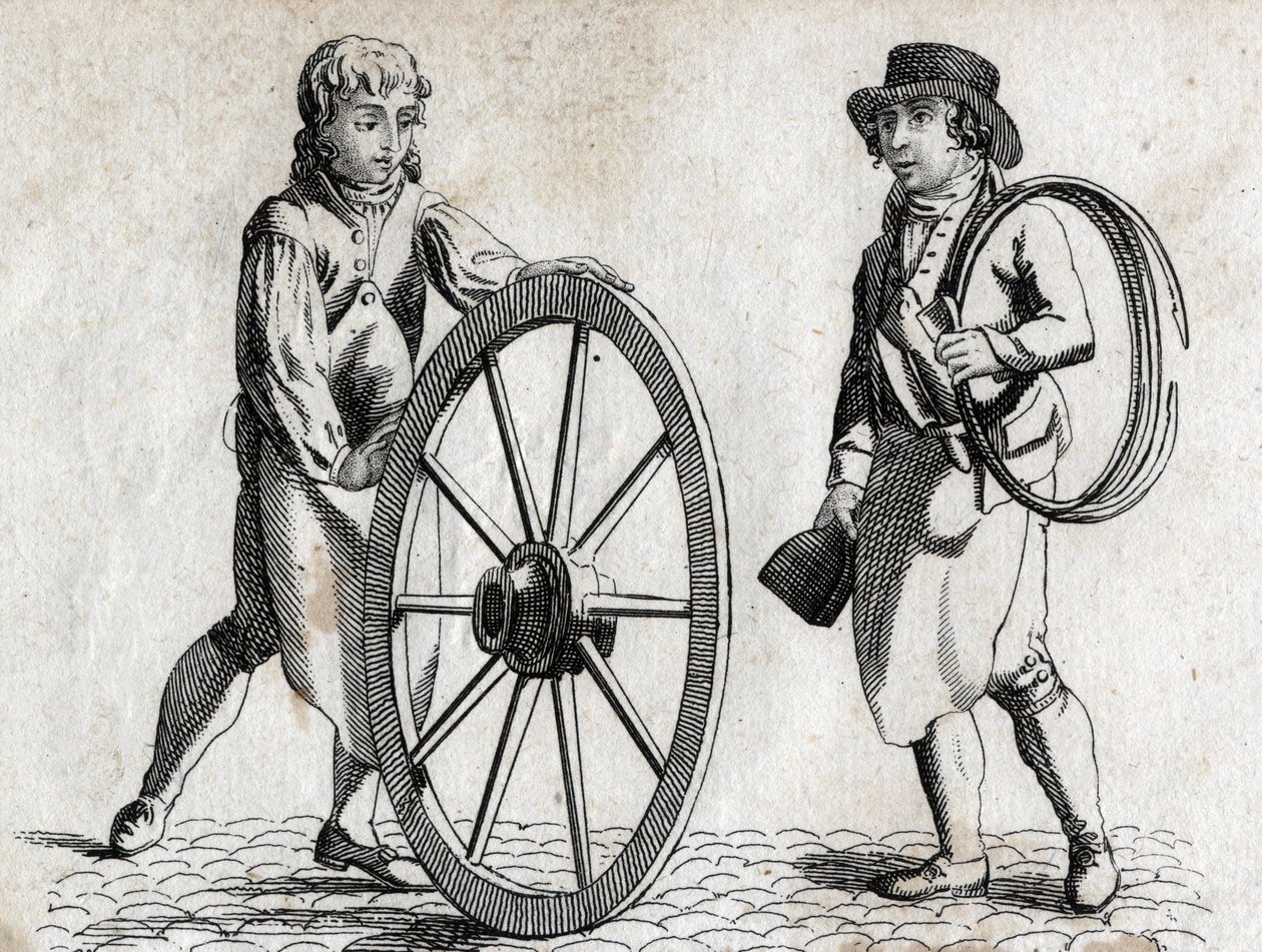 Carpintero con rueda de carro y aprendiz. Grabado finales del siglo XVIII. de Unknown artist