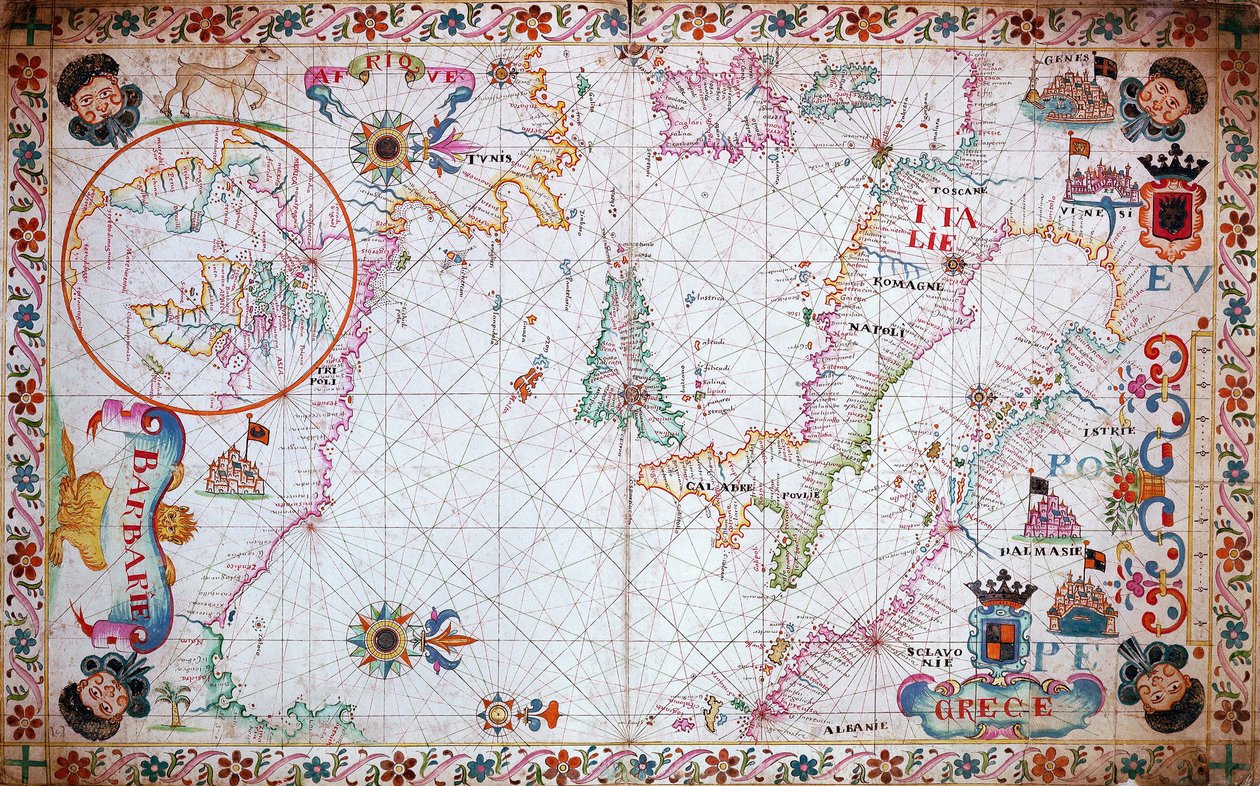 Carta del Mediterráneo con Italia y la costa norte de África de Unknown artist