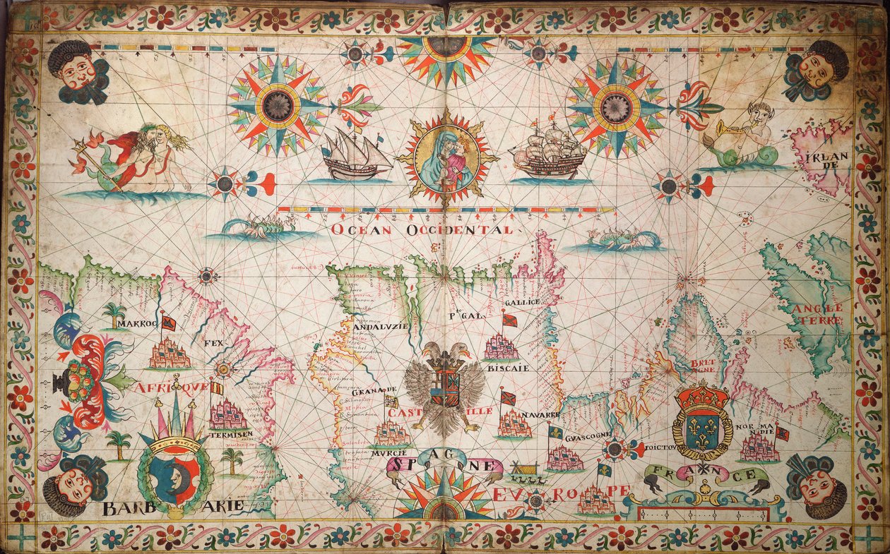 Carta del Atlántico nordeste, de Irlanda a Cabo Verde, c.1600 (manuscrito) de Unknown artist
