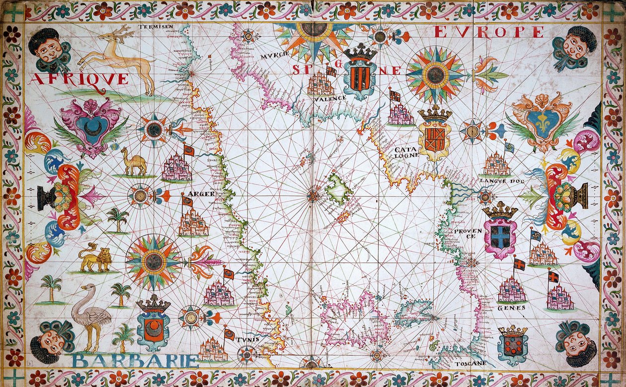 Carta del Mediterráneo occidental con las costas norteafricanas y españolas de Unknown artist