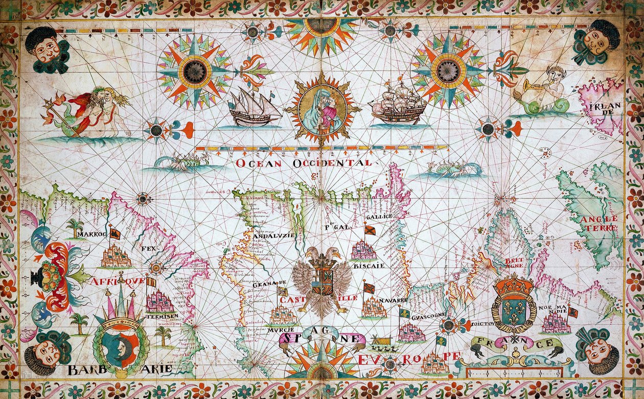 Carta del Mediterráneo occidental con las costas norteafricanas y españolas y el Atlántico de Unknown artist