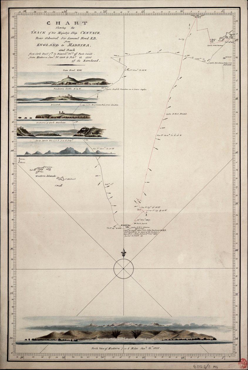 Carta que muestra la ruta del barco de Su Majestad "Centaur" (1797) desde Inglaterra a Madeira y viceversa. de Unknown artist