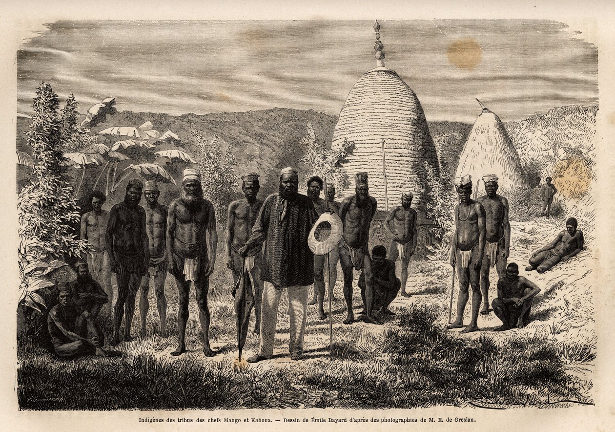 Jefe Mango, cuya tribu Kone fue debilitada por ataques sucesivos de las tribus de montaña, encontró refugio en Gatope, en la costa por un pueblo amigo liderado por el Jefe Kahoua (con sombrero y paraguas). Grabado para ilustrar el viaje a Nueva Caledonia,  de Unknown artist