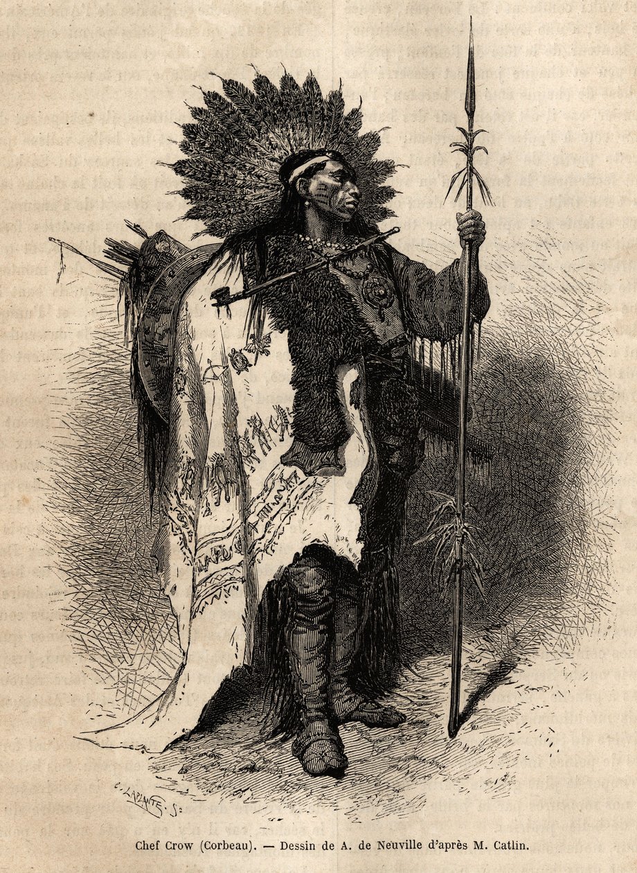 Jefe Yellow Moccassin, de la tribu india Crow, que vive a lo largo del río Lewis. Grabado para ilustrar una excursión entre las tribus indias de las cuencas de Colombia y el Alto Missouri, por G. Catlin, en 1855, publicado en 